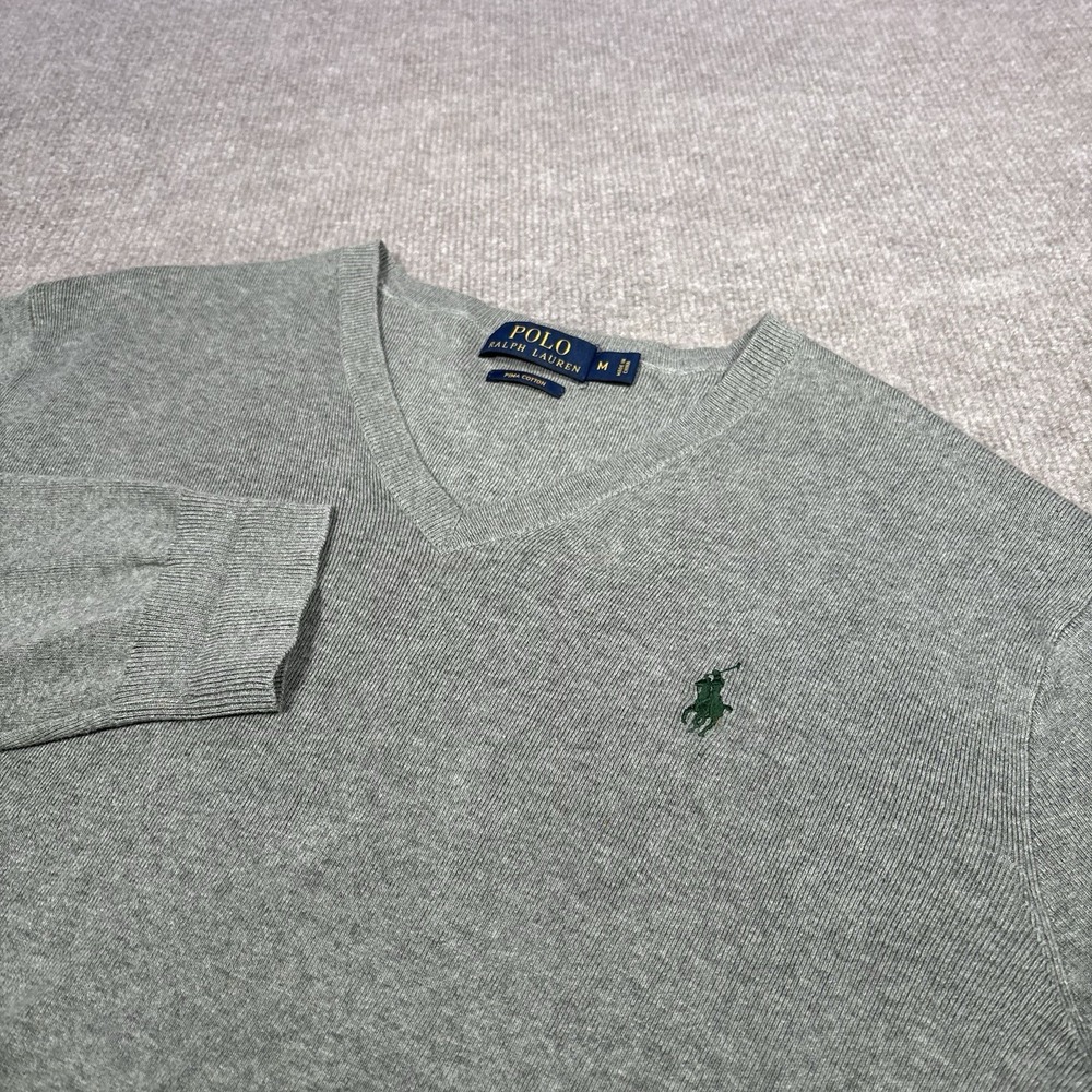 Polo Ralph Lauren Sweater Mens M Pullover V-Neck Green Pima Cotton Pony Logo